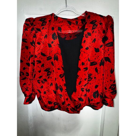 Vintage Red & Black Floral Print With Blouson Top & Elastic‎ Waist Skirt Set Med - Picture 2 of 8